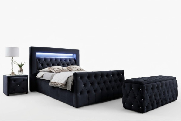 Łóżko tekstylne LED Chesterfield Czarne 2x Drewno Szafki nocne Stołek 4szt