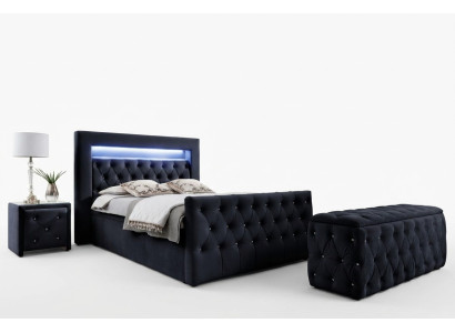 Łóżko tekstylne LED Chesterfield Czarne 2x Drewno Szafki nocne Stołek 4szt