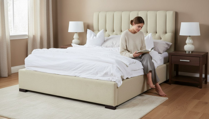 Łóżko Beige Podwójne łóżko Drewno Modern bed Luxury Material Łóżko Sypialnia