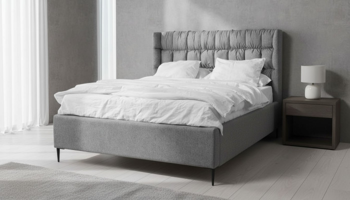 Szare Podwójne łóżko Klasyczne meble do sypialni Design Elegancki materiał Łóżko