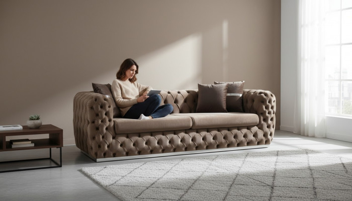 Sofa 3 miejsce do siedzenia Sofa tapicerowana brązowa Włókienniczy Siedziba Design Couch Modern Chesterfield