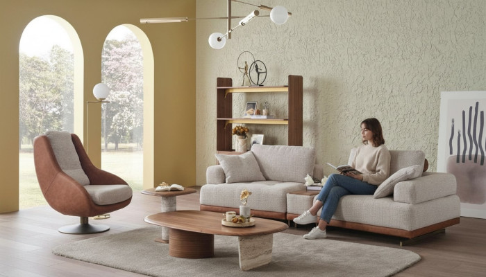 Nowoczesny zestaw sofowy 3+1 miejsce do siedzenia Beżowy zestaw designerski do salonu Sofa z kanapą