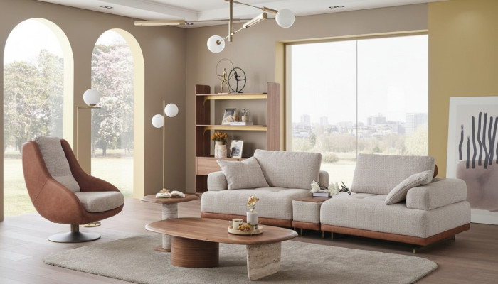 Nowoczesny zestaw sofowy 3+1 miejsce do siedzenia Beżowy zestaw designerski do salonu Sofa z kanapą