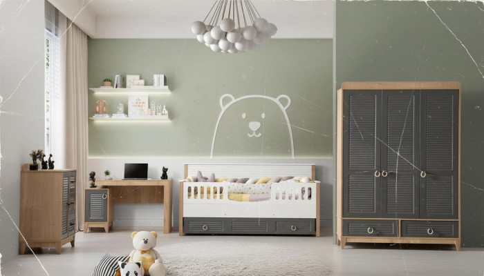 Luksusowe meble dziecięce Ustawić żłobek łóżko składane szare Drewno zestaw 4 sztuki