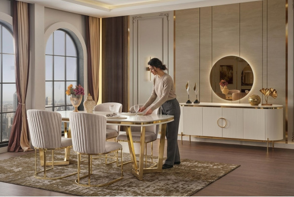 jadalnia Zestaw istnieje z Design Stół obiadowy 4x Krzesła I Kredens 7-częściowy.