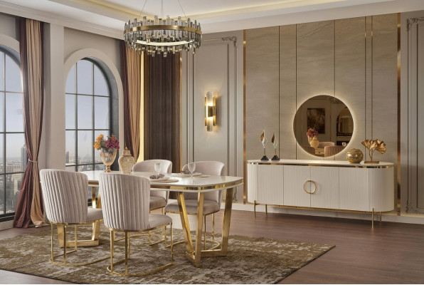 jadalnia Zestaw istnieje z Design Stół obiadowy 4x Krzesła I Kredens 7-częściowy.