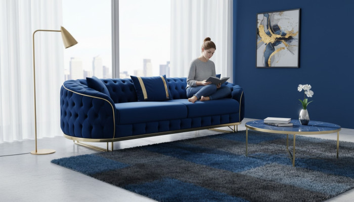 Niebieska sofa Chesterfield, projektant salonu, trzyosobowa, meble ze stali nierdzewnej.