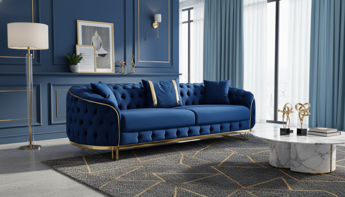 Niebieska sofa Chesterfield, projektant salonu, trzyosobowa, meble ze stali nierdzewnej.