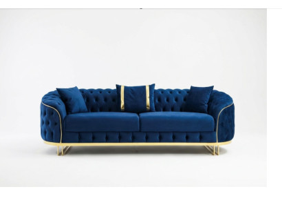Niebieska sofa Chesterfield, projektant salonu, trzyosobowa, meble ze stali nierdzewnej.