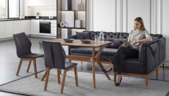 Czarno-brązowy zestaw do jadalni Chesterfield designerska ławka narożna Stół obiadowy