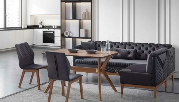 Czarno-brązowy zestaw do jadalni Chesterfield designerska ławka narożna Stół obiadowy