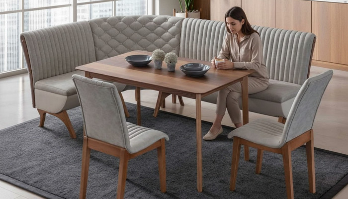 Designerska jasnoszara jadalnia Ustaw Podkładkę narożną ławkę 2x Krzesła Stół obiadowy
