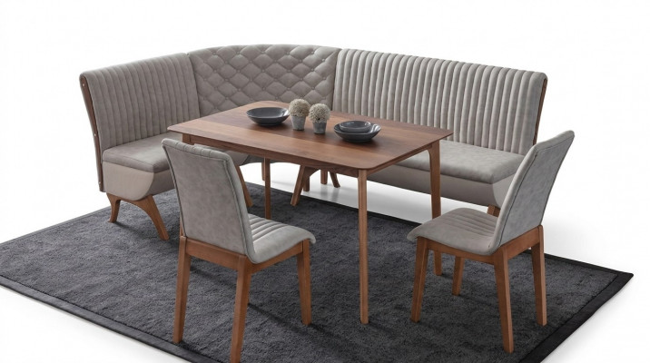 Designerska jasnoszara jadalnia Ustaw Podkładkę narożną ławkę 2x Krzesła Stół obiadowy