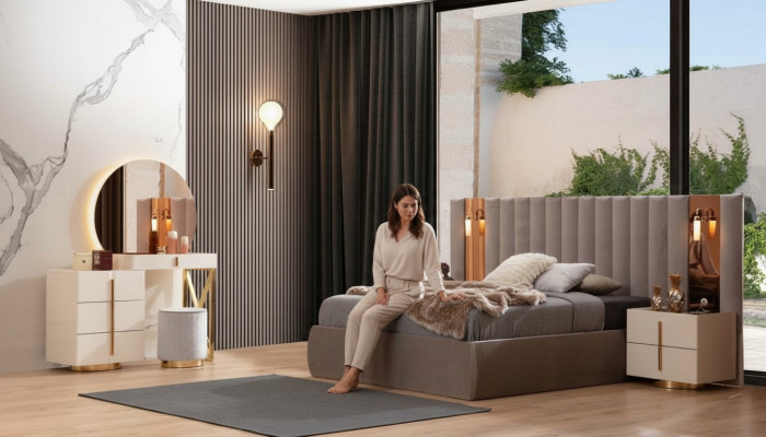 Stylowy komplet Sypialnia Designerska Toaletka Drewno 2x Szafki nocne