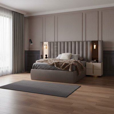 Brązowy Zestaw Sypialnia Designerskie Podwójne łóżko Białe 2x Szafki nocne 3szt