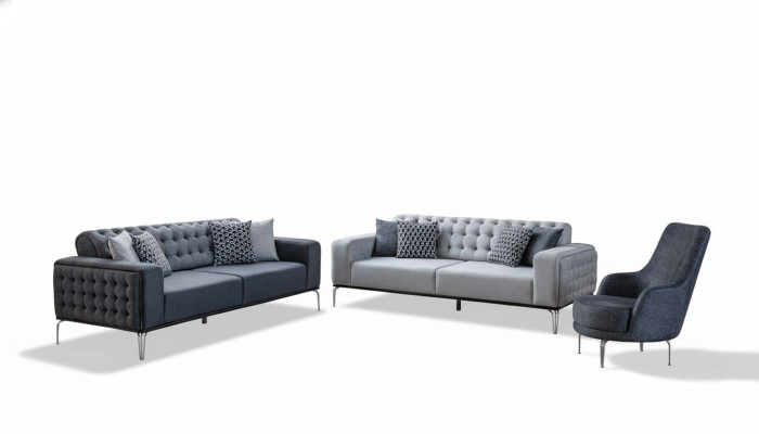 Chesterfield Szary Zestaw sofowy do salonu trzyosobowe+Fotel