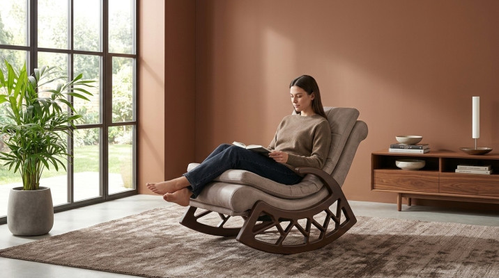 Fotel bujany Modern Drewno Noble salon Relaks Meble rama drewniana Nowość