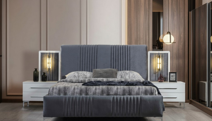 Modern Grey Podwójne łóżko 2x Drewno Szafki nocne Sypialnia Ustawić