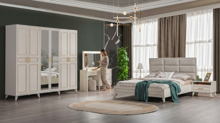 Sypialnia Designer Podwójne łóżko Luksusowa Toaletka Noble Stołek 7-częściowa