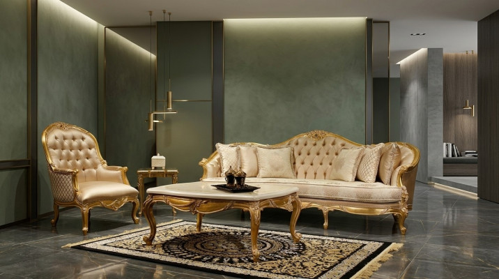 Beżowy Salon Chesterfield Zestaw sofowy Classic 3-miejsce siedzące Fotel