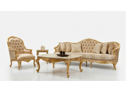 Beżowy Salon Chesterfield Zestaw sofowy Classic 3-miejsce siedzące Fotel