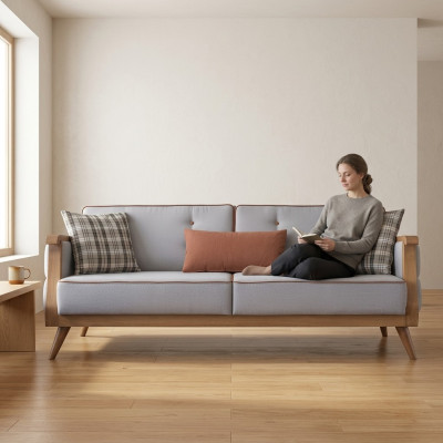 Niebieska Sofa Tkaninowa do Salonu Trzyosobowa Podkładka Meble Sofa z Drewnianą Ramą
