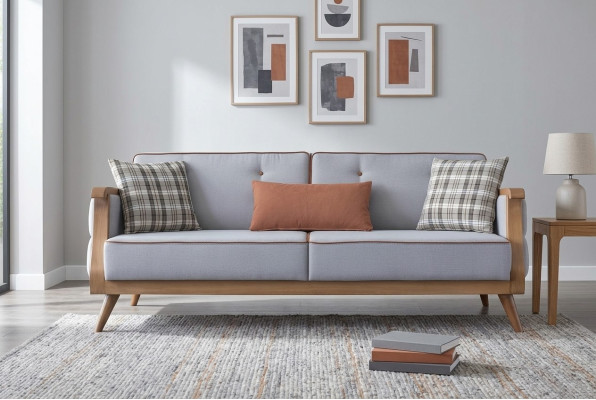 Niebieska Sofa Tkaninowa do Salonu Trzyosobowa Podkładka Meble Sofa z Drewnianą Ramą