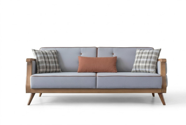Niebieska Sofa Tkaninowa do Salonu Trzyosobowa Podkładka Meble Sofa z Drewnianą Ramą