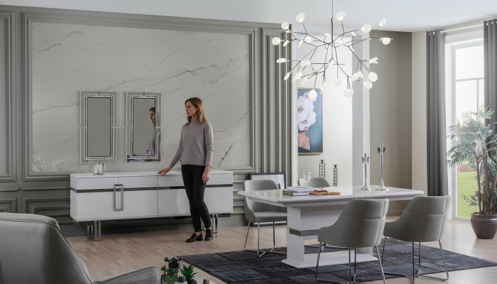 Design jadalnia Zestaw Stół obiadowy + 4x Krzesła + Kredens z 2x Lustro 8 sztuk