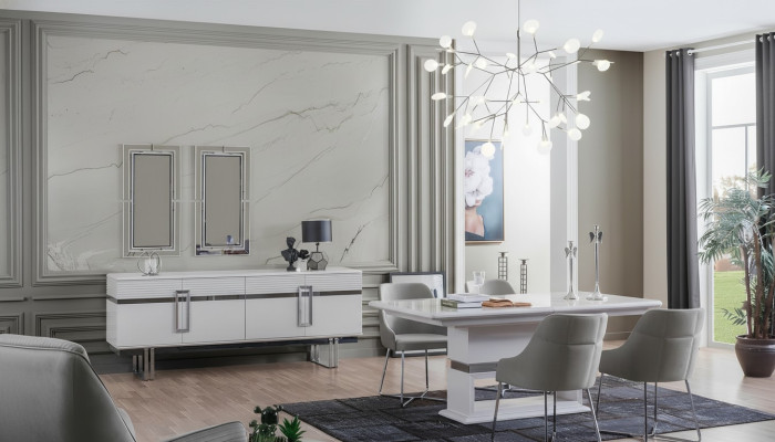 Design jadalnia Zestaw Stół obiadowy + 4x Krzesła + Kredens z 2x Lustro 8 sztuk
