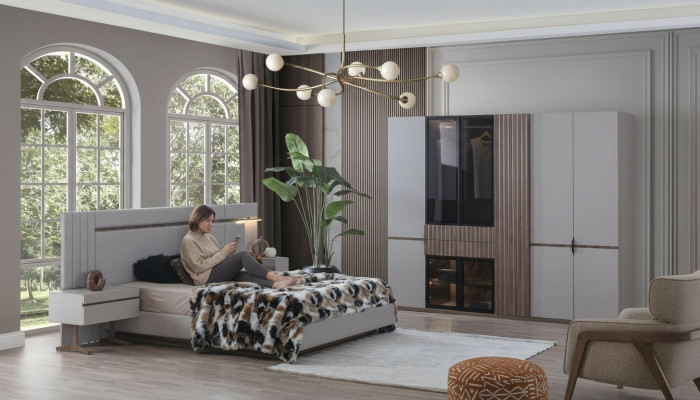 Sypialnia Zestaw Luxury Design Łóżko 2x Stolik nocny Szafa 4-częściowy Nowość