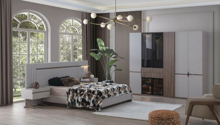 Sypialnia Zestaw Luxury Design Łóżko 2x Stolik nocny Szafa 4-częściowy Nowość