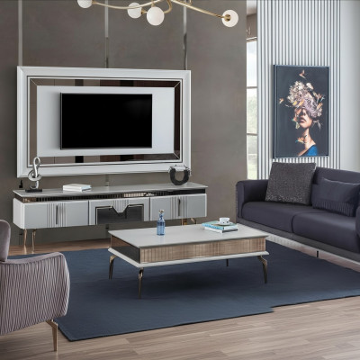 Designerski zestaw do salonu 4 sztuki. Tapicerowana sofa pod telewizor stolik kawowy stoły
