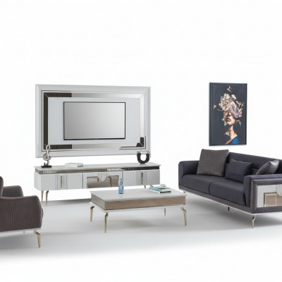 Designerski zestaw do salonu 4 sztuki. Tapicerowana sofa pod telewizor stolik kawowy stoły