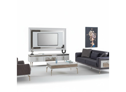 Designerski zestaw do salonu 4 sztuki. Tapicerowana sofa pod telewizor stolik kawowy stoły