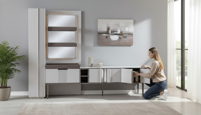 Ekskluzywna jednostka ścienna White Kolor Designer Meble do Living Room podświetlana diodami LED