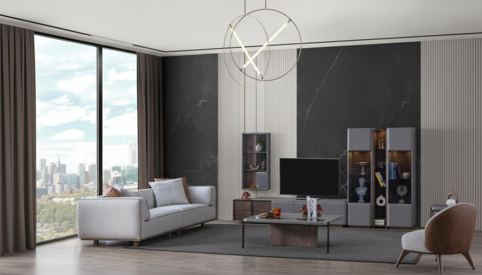 Designerski zestaw do salonu 7 elementów. Nowoczesna szafka ścienna do salonu