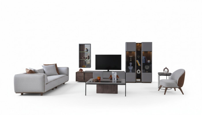 Designerski zestaw do salonu 7 elementów. Nowoczesna szafka ścienna do salonu