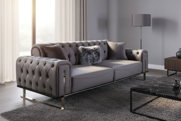 Luksusowa Sofa Chesterfield 3-osobowa Szara Podkładka Włókienniczy Kanapy