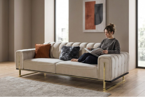 Sofa 3 miejsce do siedzenia Nowoczesne Meble Beżowy Kolor Salon Luksusowe Kanapy 240cm