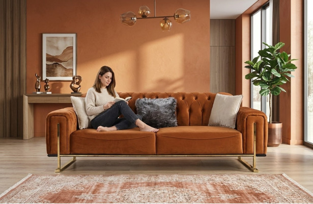 Luksusowa Sofa Chesterfield 3 - miejsce do siedzenia Brown Cognac Sofy Podkładka Włókienniczy Kanapy