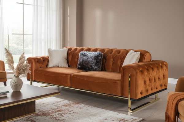 Luksusowa Sofa Chesterfield 3 - miejsce do siedzenia Brown Cognac Sofy Podkładka Włókienniczy Kanapy