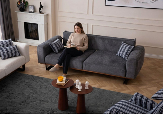 Kanapa 230cm Poduszka siedziska 3 miejsce siedzące Sofa Szara Designerskie Meble Salon