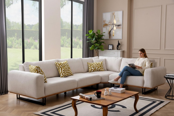 Luksusowa Narożnikowa kanapa L Kształt Sofy Kanapa Sofa Biała Sofa Tapicerowana Siedziba Zestaw narożny