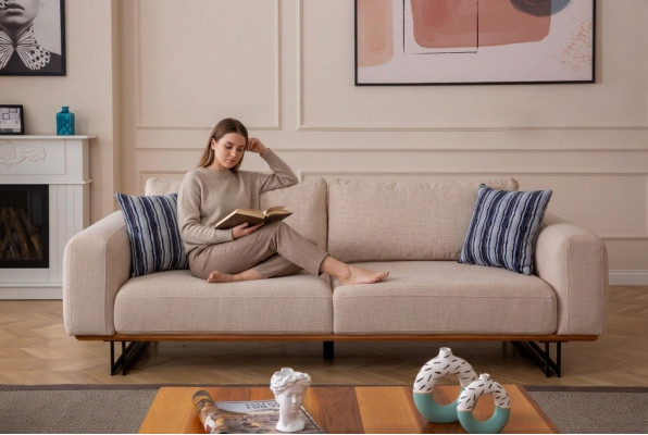 Designerska Sofa 3 miejsce do siedzenia Podkładka Włókienniczy Nowoczesna Podkładka Beżowa 230cm Kanapy