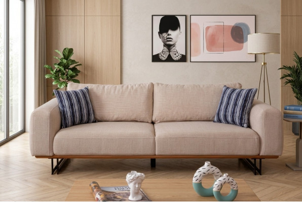 Designerska Sofa 3 miejsce do siedzenia Podkładka Włókienniczy Nowoczesna Podkładka Beżowa 230cm Kanapy