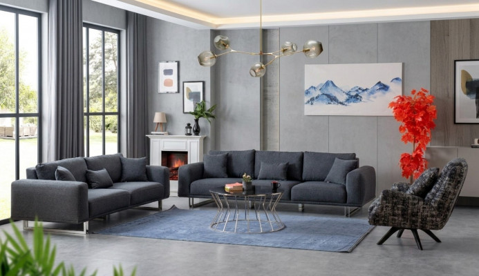Designerski Zestaw do Salonu Zestaw sofowy 4 + 3 + 1 Siedziba Luxury Grey Żywy krajobraz