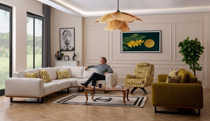 Designerski zestaw do salonu, 3 sztuki. Sofa 4+1 Siedziba Narożnikowa kanapa w kształcie litery L Modern