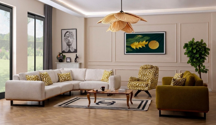 Designerski zestaw do salonu, 3 sztuki. Sofa 4+1 Siedziba Narożnikowa kanapa w kształcie litery L Modern