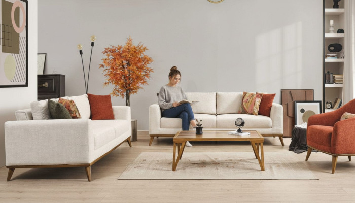 Stylowy zestaw do salonu Zestaw do salonu 3 sztuki. Nowoczesna beżowa kanapa 3+3+1